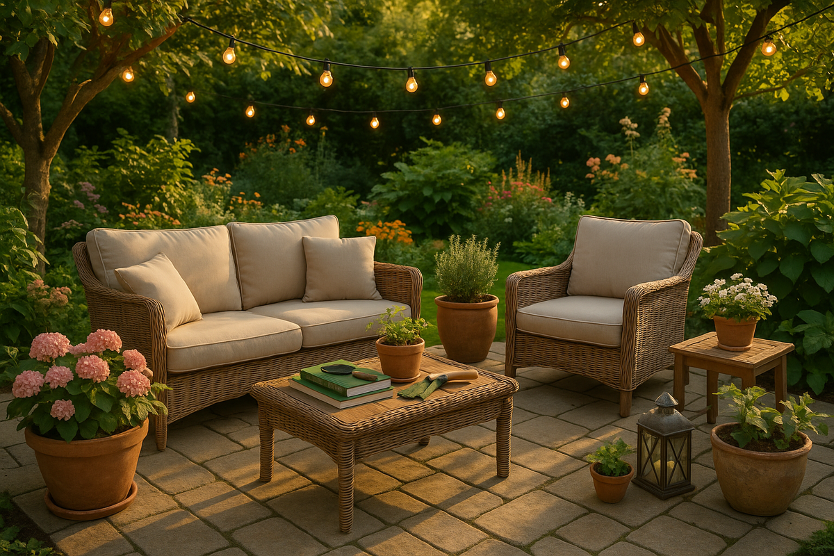 Cozy garden seating area with plants and outdoor living details