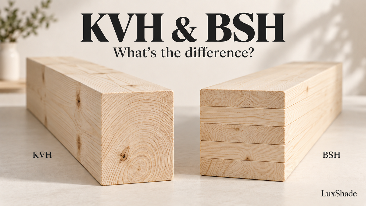 KVH solid structural timber and BSH glulam beams side by side