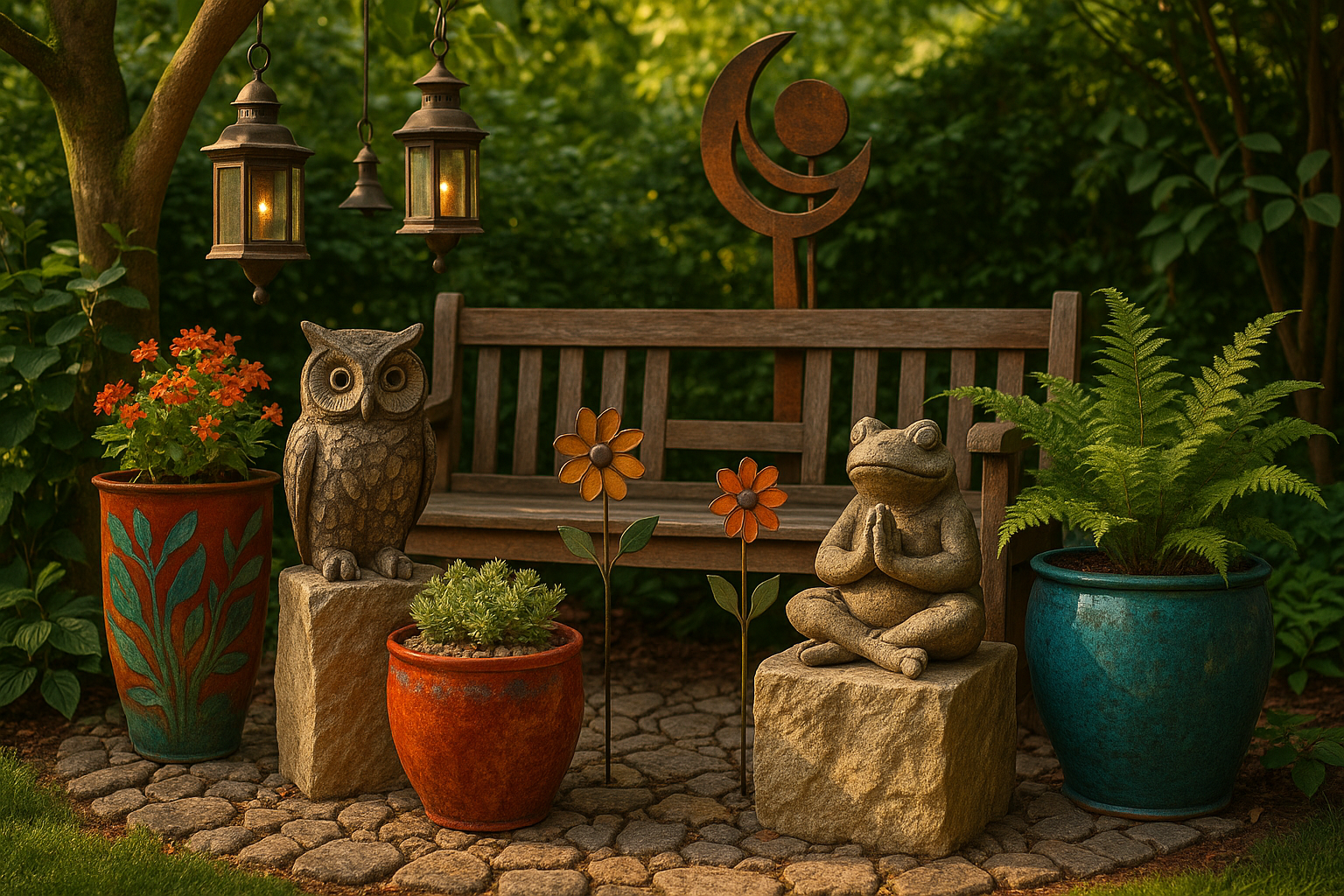 Stylish garden with pergola decor, plants and outdoor accessories