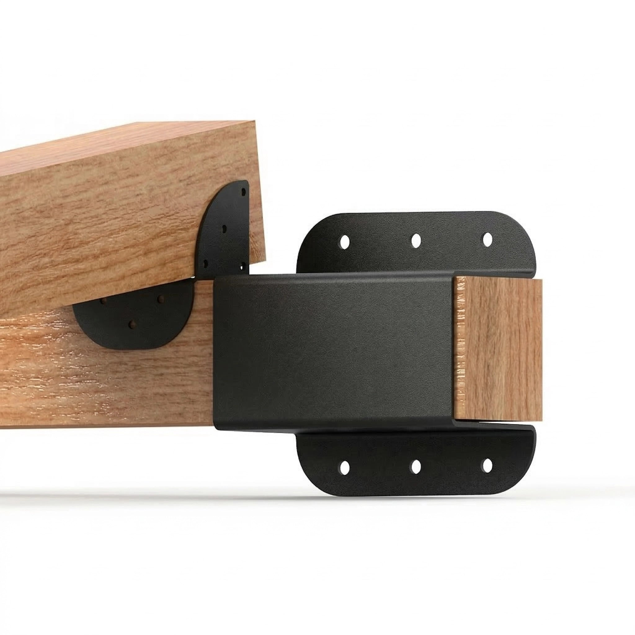 Wooden shelf bracket with black metal brackets on a white background