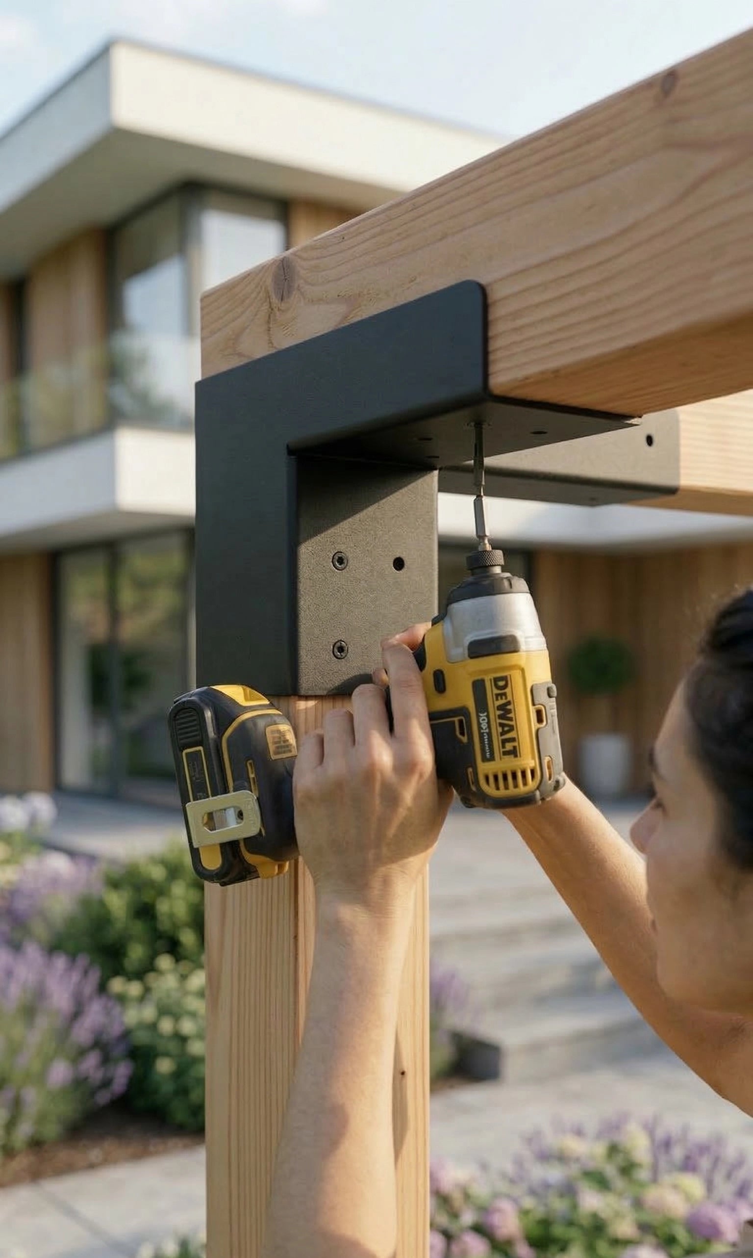 Person using a power drill on wooden furniture outdoors