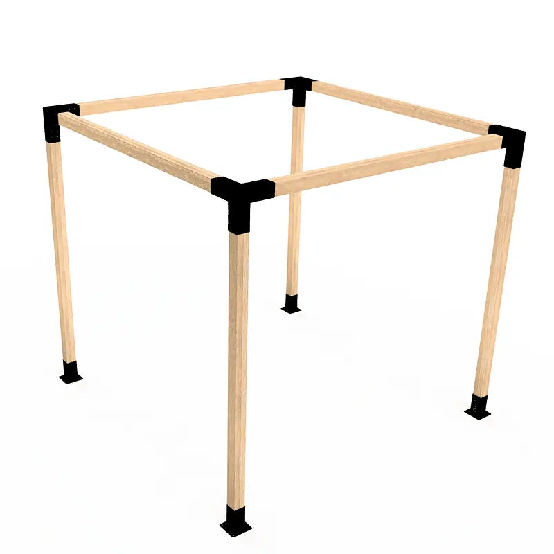 Wooden frame structure with black connectors on a white background